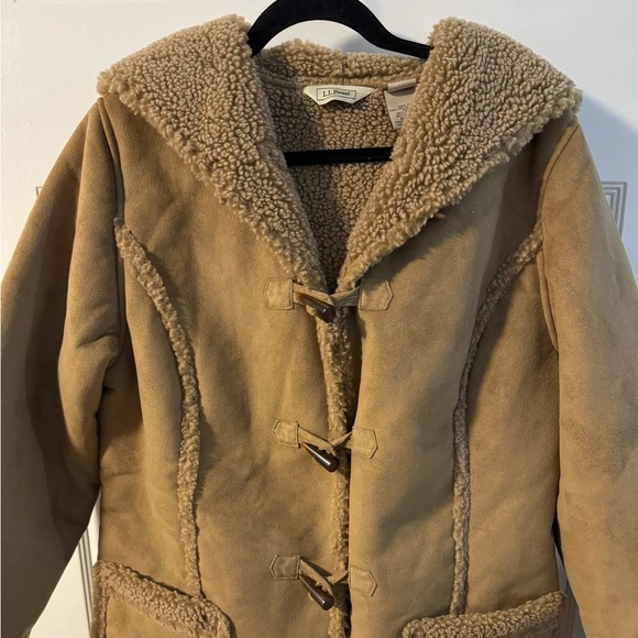 LL Bean Suede Sherpa Lined Hooded Toggle Coat VTG Boho Rancher Penny Lane Indie - Picture 14 of 15